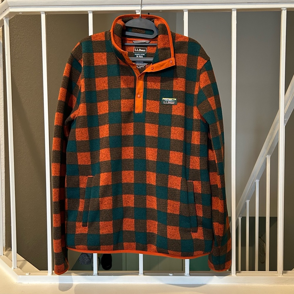 L.L.Bean Orange Green Buffalo Plaid Sweater Fleece Pullover Fitted Men’s Medium